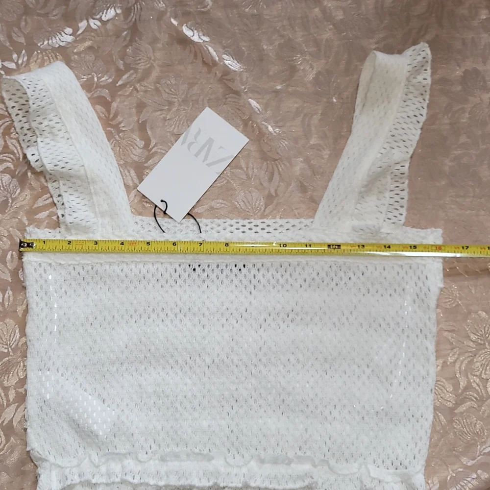 NWT Zara Cotton White Knit Ruffled Crop Top w/ Ruffle Straps Size Large - Picture 8 of 16